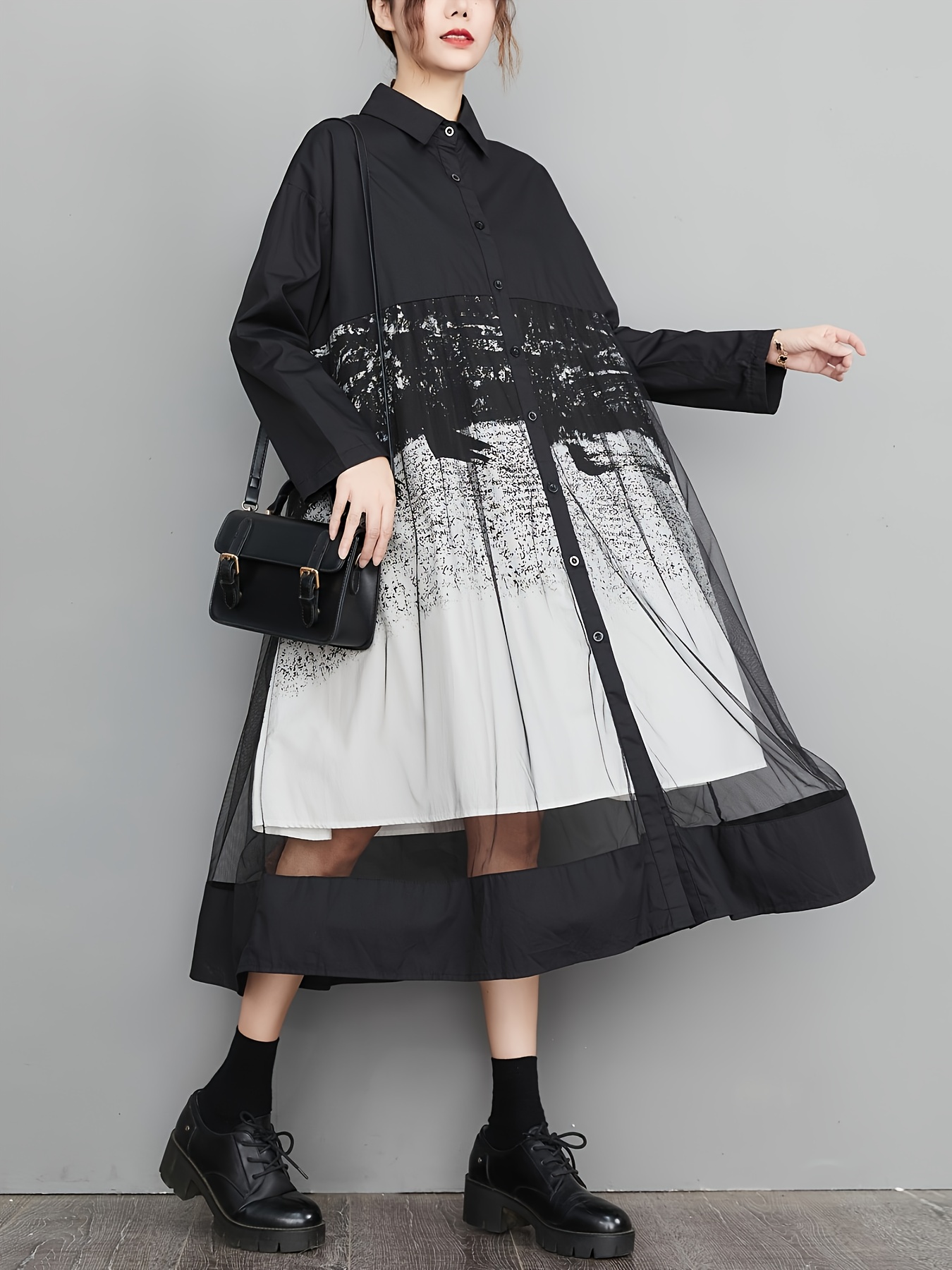 shirt dress with mesh skirt Black Polka Dot Printed Mesh Hem T-shirt Dress