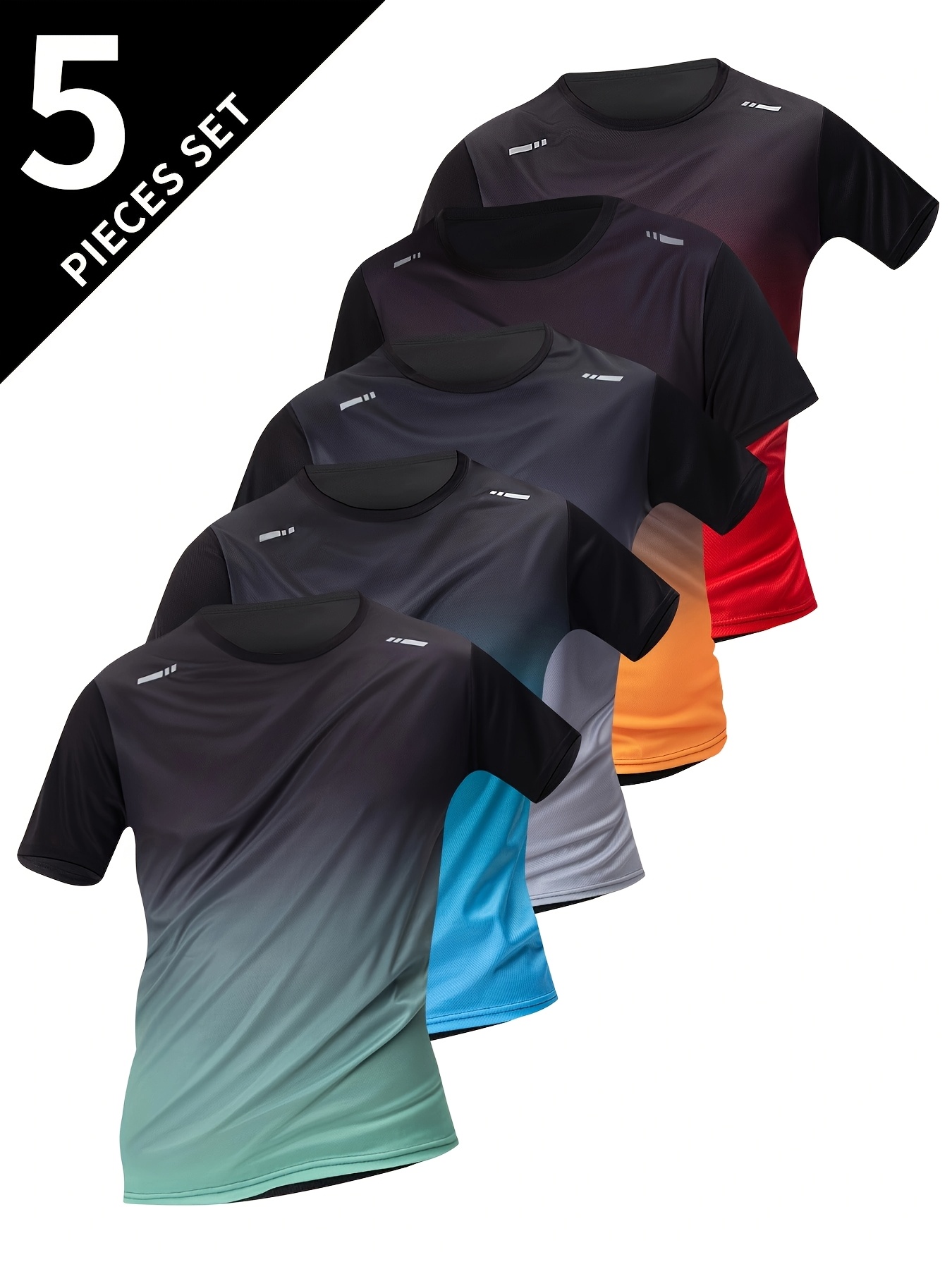 5pcs mens gradient color short sleeve crew neck t shirts breathable quick dry   shirts in black red gray blue green ombre design gym shirts