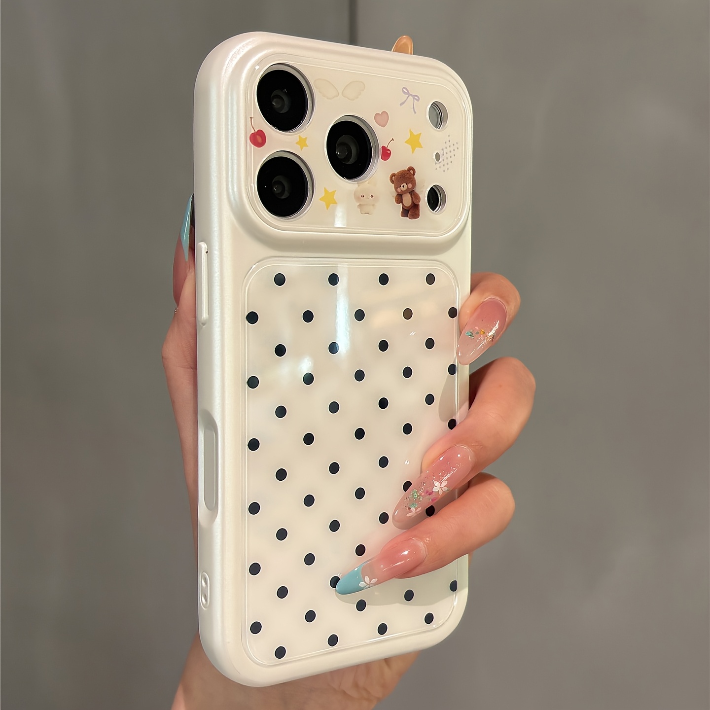 TEMU Phone Case: Phone Case – Simple Instagram-style Polka Dot Cartoon Bear Phone Case, Suitable For Iphone 11, 12, 13, 14, 15, 16, 17 Pro Max. A