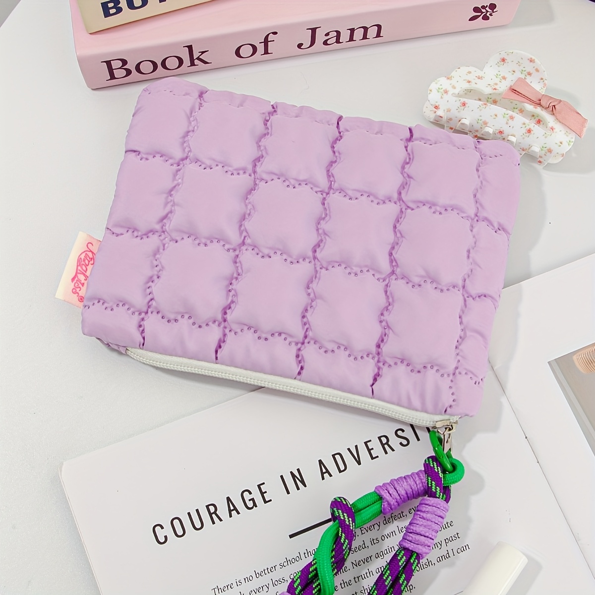 TEMU Porte-monnaie matelassé macaron, pochette cosmétique avec bracelet coloré, petit sac de voyage pour cosmétiques avec porte-clés, portefeuille