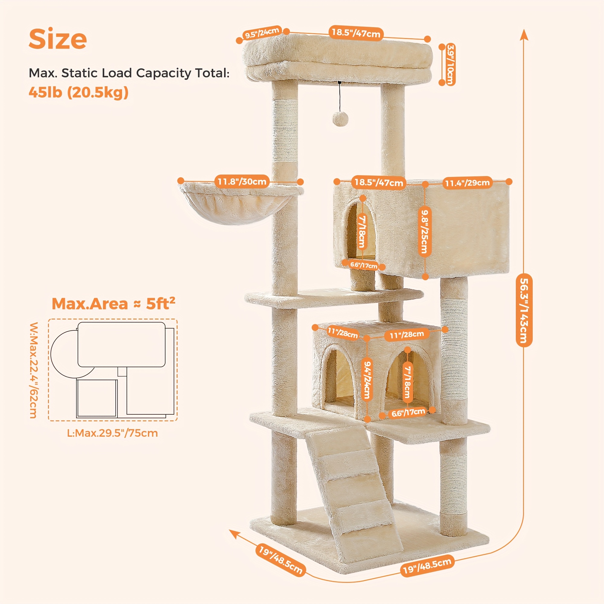 TEMU 56.3" Cat Tree For Large Cats With Super Large Top Perch, Multi-level Cat Tower For Indoor Cats With Hammock And Top Perch, Cat Shelves With