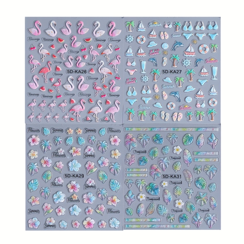 Image of 4 Sheets Of Embossed Spring And Leaf Nail Stickers - 5d Three-dimensional Flowers, Banana Leaves, Flamingos, Coconut Trees For Summer Beach Nail Decoration Supplies - Easy To Apply - 5d-ka26+27+29+31