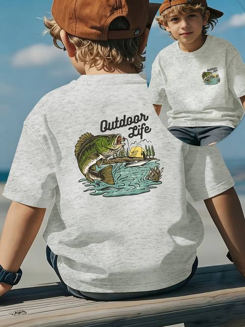 t-shirt voor jongens met vis-thema en bedrukkingen voor- en achterkant - visuitrusting geschikt voor 1-14 jaar, lente zomer casual t-shirt met ronde hals, niet-comfortabele outdoor outfit voor speelafspraakjes & visuitjes