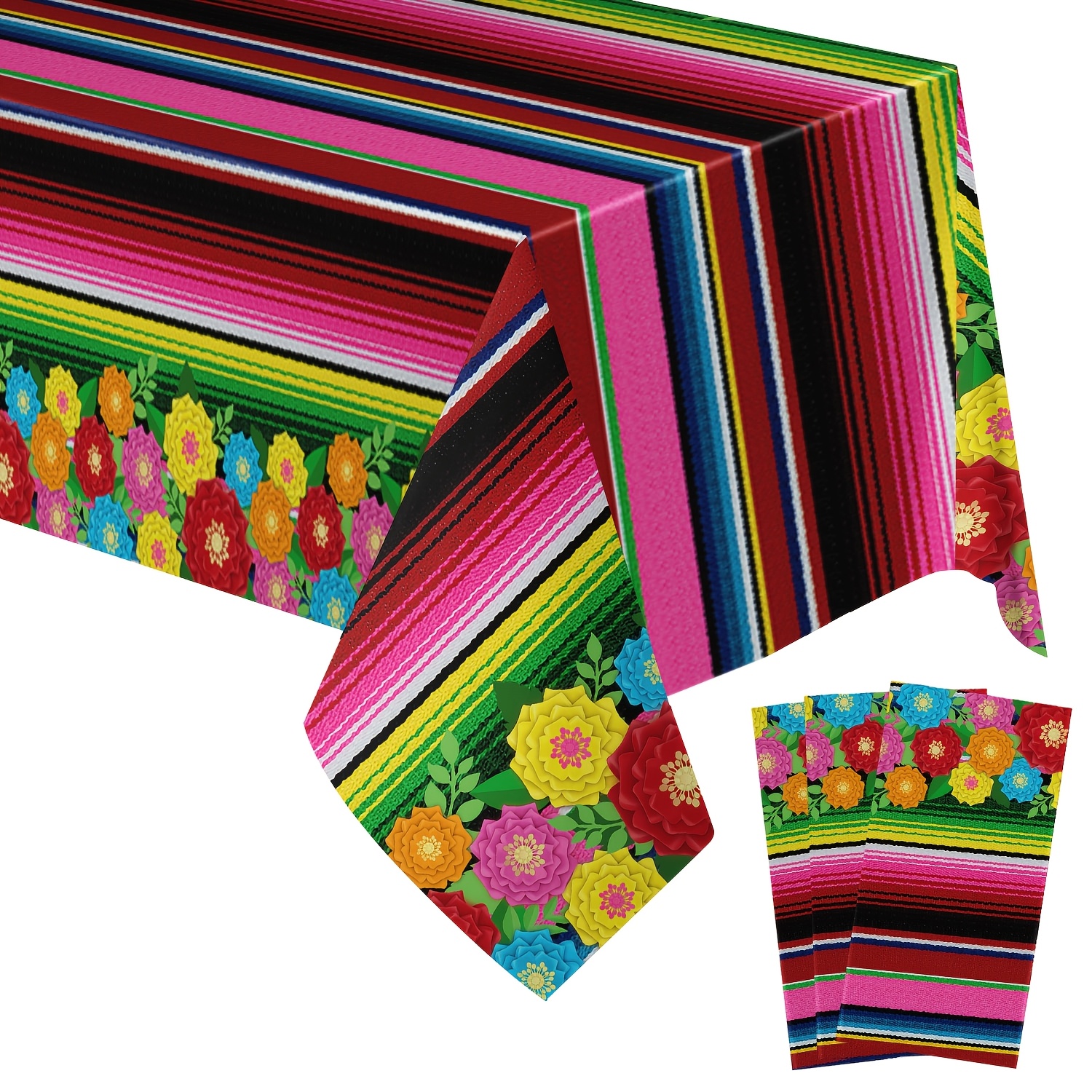 TEMU Set Of 3/1 Mexican Disposable Plastic Rectangular Tablecloths, 108*54 Inches, Striped Floral Birthday Party Mexican Tablecloths For Celebration
