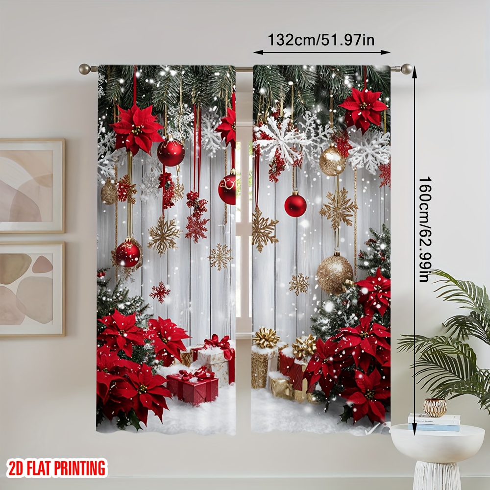 TEMU 2d Flat - 2d Flat - 2d Flat, 2pcs Christmas Snow Print Curtains, Rod Pocket Installation, Perfect For Study Room, , Cozy Bedroom, Stylish Living