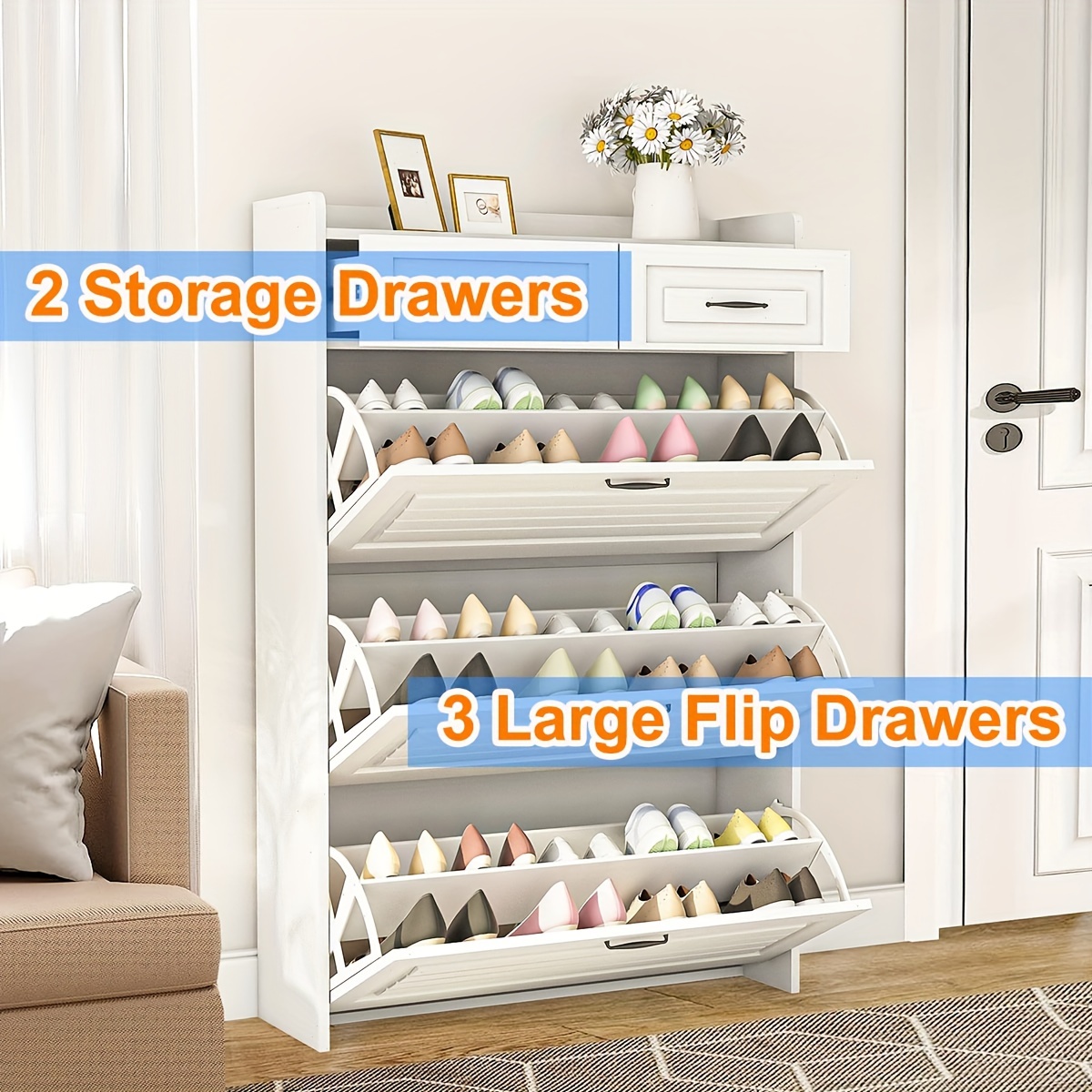 

Narrow Shoe Storage Cabinet With 3 Flip Doors 2 Storage Drawers, Space-saving Flip-style, , Corridors, Small Apartments