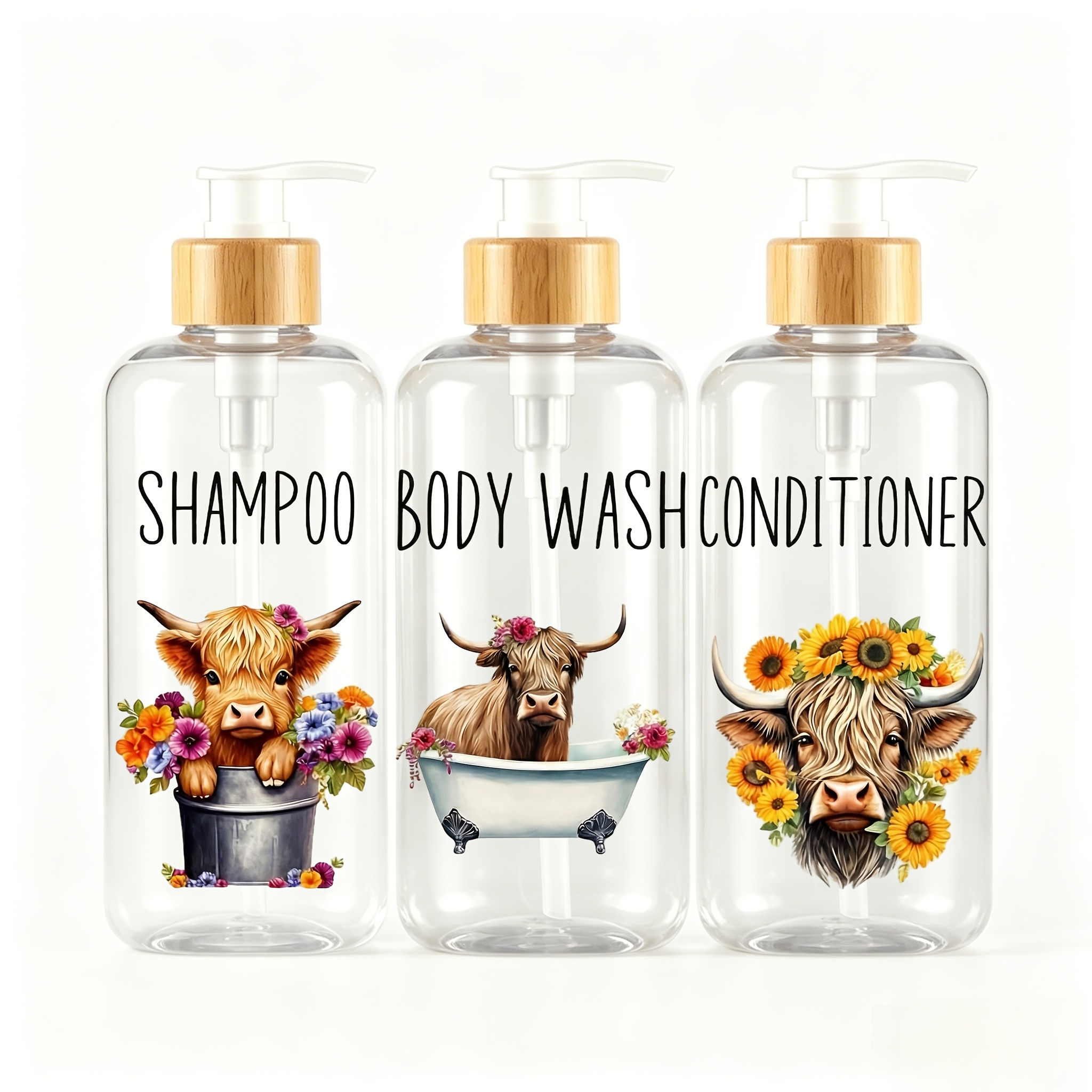 TEMU 3pcs Set Highland Cow Sunflower Soap Dispenser, Cow Pattern Floral Plastic Press-type Refillable Transparent Liquid Soap Container, Suitable For