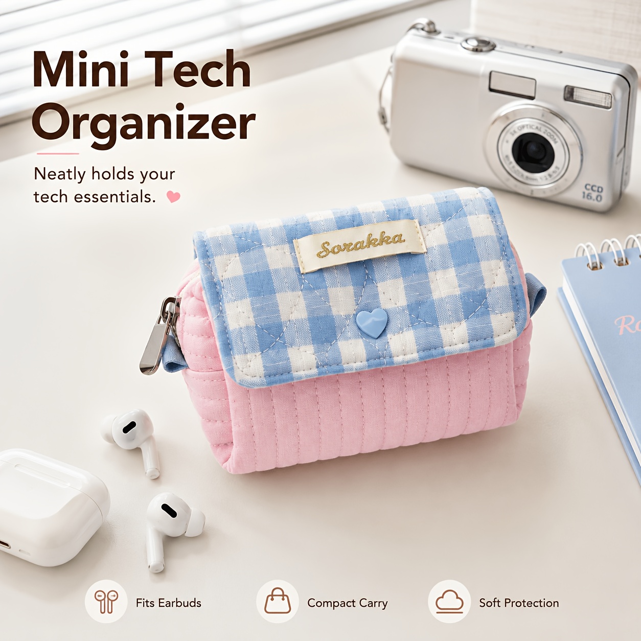 TEMU Pastel Quilted Digital Camera Pouch, Color Block Flap Compact Camera Case For Ccd Camera, Earbuds, Cables, Makeup, & Travel Essentials