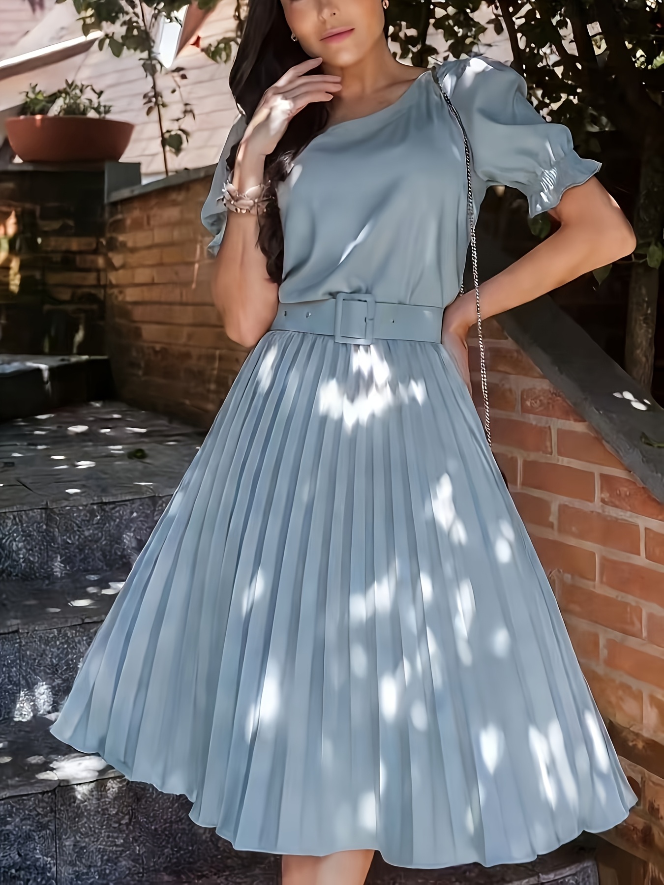 pleated waist dress Bebe Women's Sleeveless Pleated Dress, Size 12 in Blue Polyester