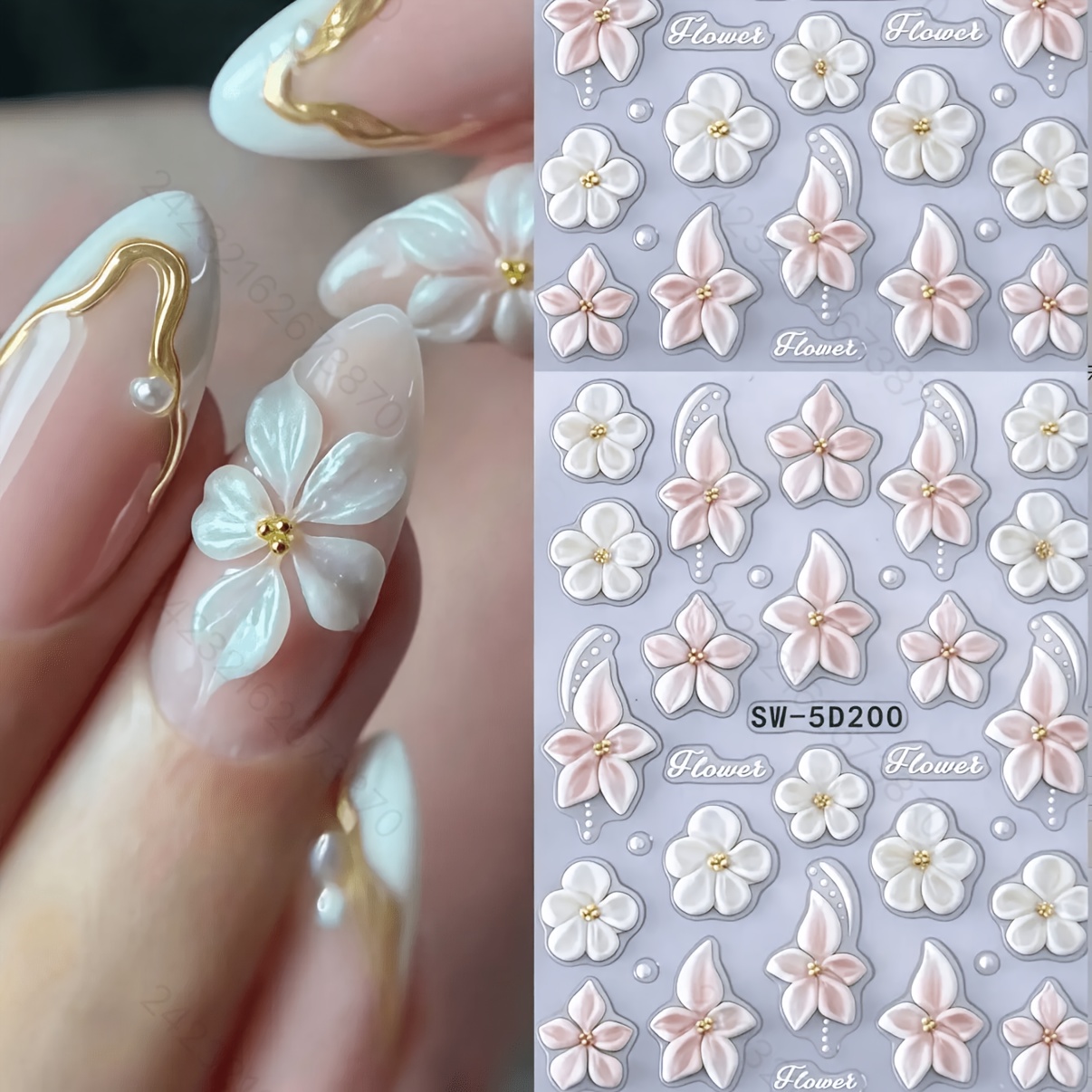 1pc 5d Raised Floral Nail Art Sticker, White And Flower Pattern, Self-adhesive Nail Decal, Suitable For Spring And Summer Nail Art