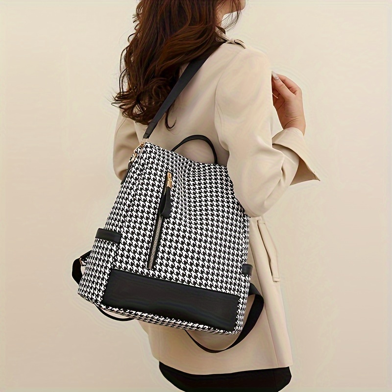 Bandolera de cuadros Houndstooth, mochila con cremallera para mujer, bolso grande casual de gran capacidad ideal para trabajo, estudio y compras - Imagen 4