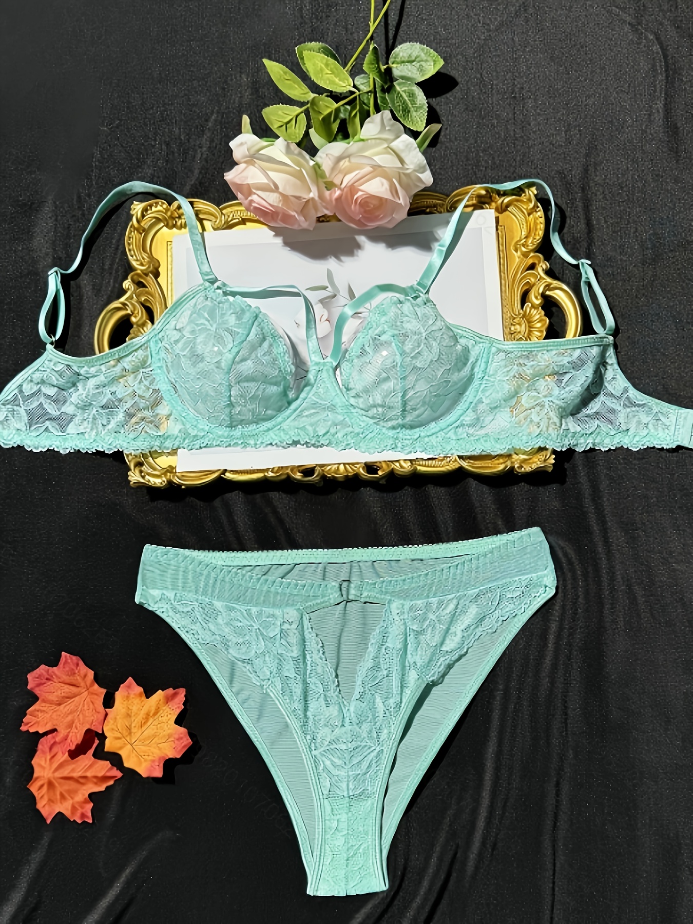 Green Lace Lingerie Set Semi Sheer Floral Lace Intimates - Temu
