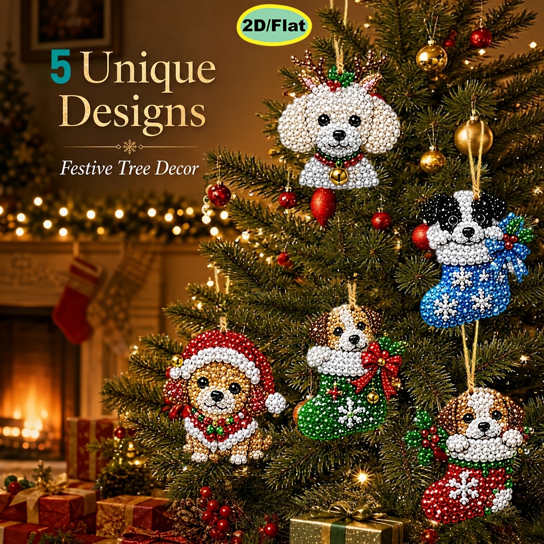 TEMU Diamond Painting Kit 5pcs Set Pearl Diamond Painting Wooden Small Pendant Christmas Stocking Puppy Theme 2d Flat Pre-printed Wooden Sheet