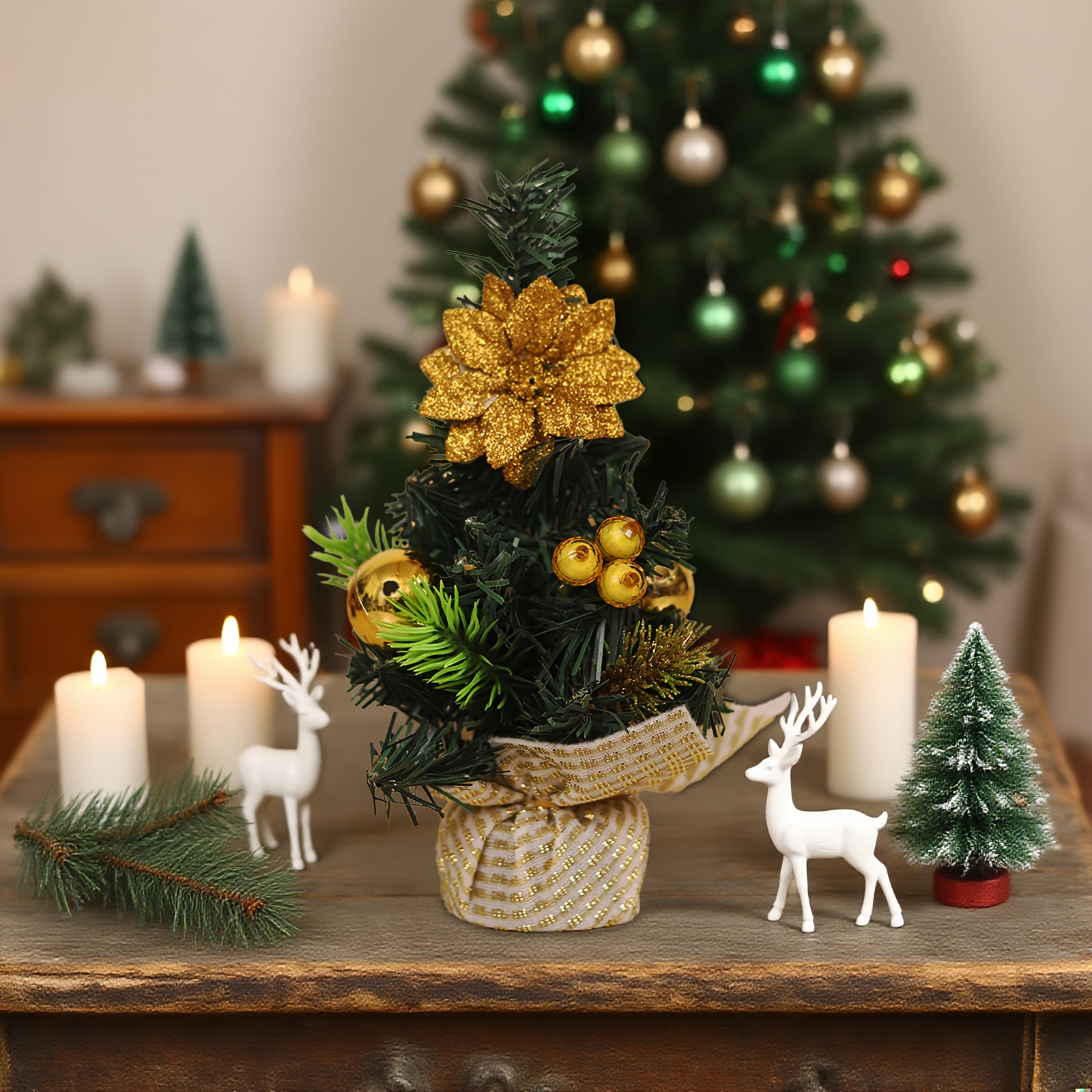 TEMU Mini Ornamento Albero di Natale in Opzioni Multicolore Oro//, con Pompon, Nastro e Base Squisita. per Decorazione Scrivania e da Caff癡. per e