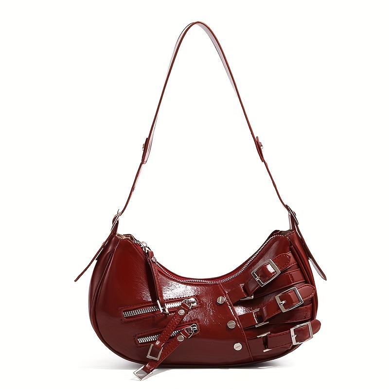 

Chic Burgundy Crescent Shoulder Bag For Women - Vintage-inspired, Fashionable Underarm Purse With Zip Closure And Polyester