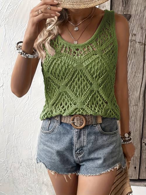 new solid color hollow out casual womens vest