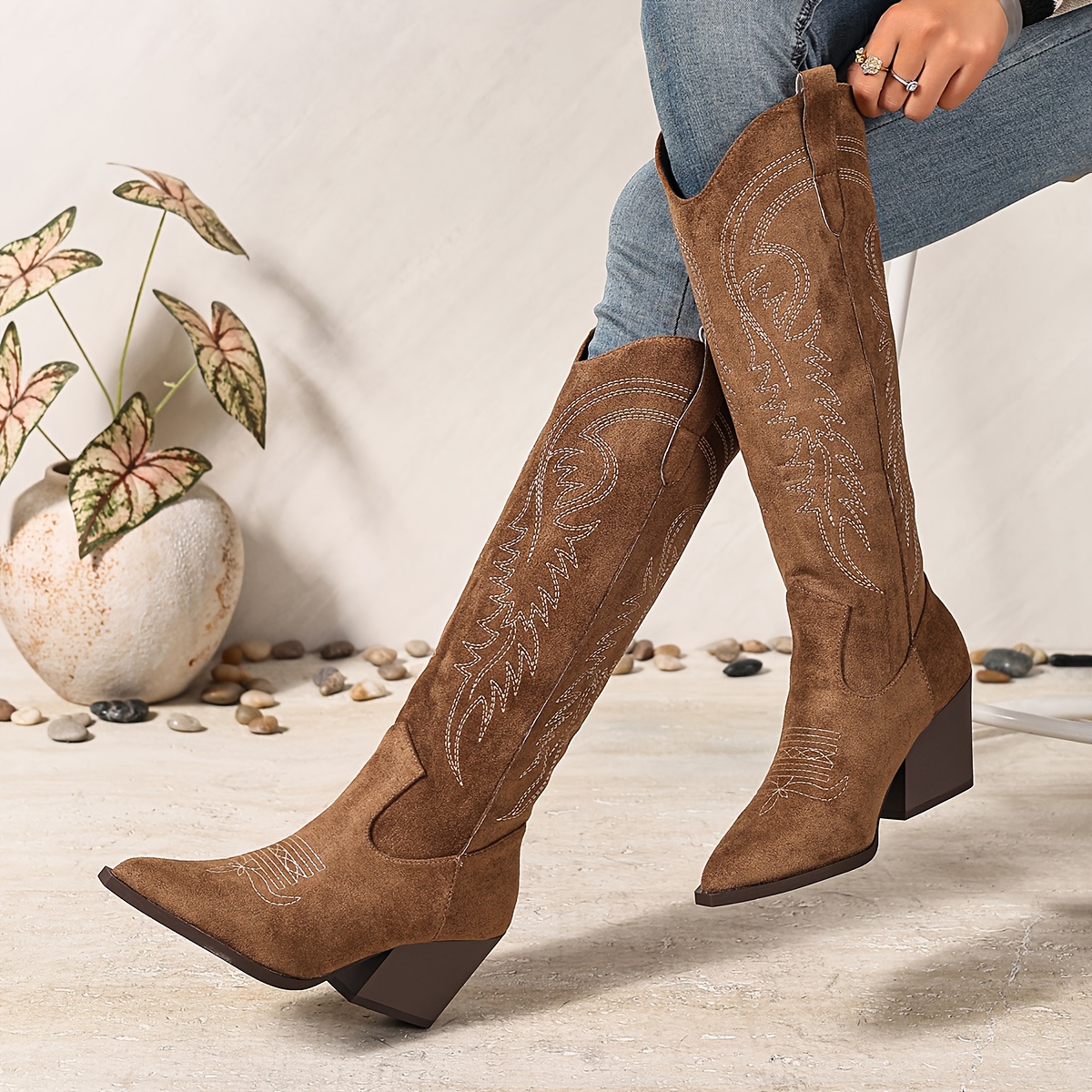 Women S Western Cowboy Boots - Brown with, Slip-Resistant Rubber Sole, Cushioned Insole -     for Everyday, Travel, Parties - Casual & Formal Outfits - Durable Fabric Upper Boots, Cowgirl Boots, Travel Footwear, Stylish Footwear, Quality Stitching, Fashion Women, Outdoor Walking, Vintage Design, Sturdy Construction, Fashionconscious Women
