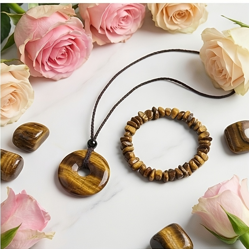 3pcs Natural Tiger's Eye Stone Protection Necklace & Crushed Stone Bracelet Suitable for Women's Bohemian Jewelry Gift Box Set, Courage Wealth Attraction Stone Jewelry for Weddings, Parties, Daily Wear - Gift for Girlfriend, Best Friend, Year-Round