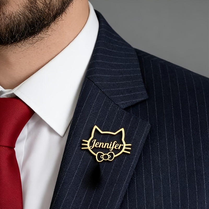 TEMU Op Maat Gemaakte Kattenoor Naambroche, Gepersonaliseerde 304 RVS Sieraden Broche, Modieuze en Schattige Damesbroche, Feestdag Verjaardagscadeau
