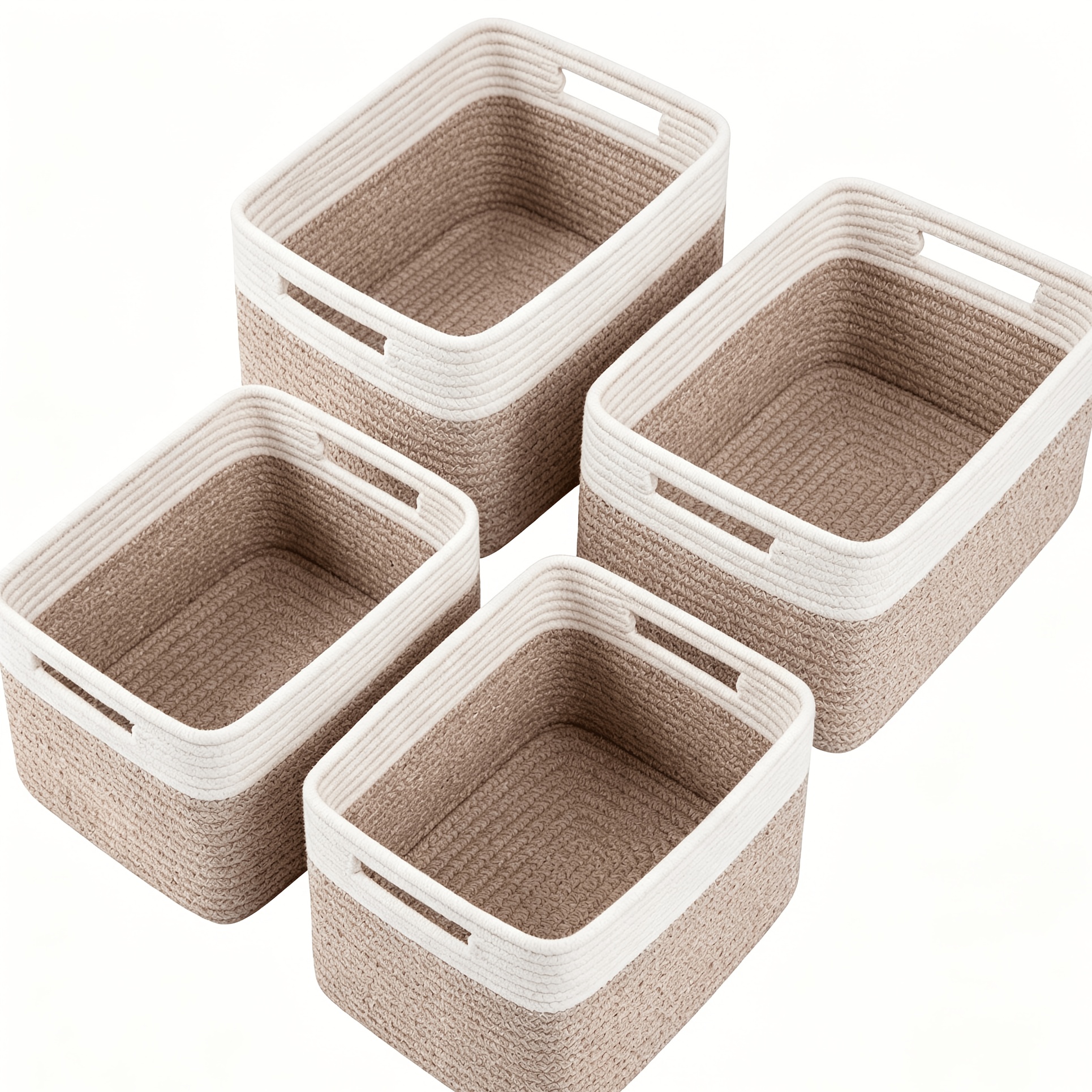 Oiahomy 4-pack Storage Baskets For Organizing, Basket For Shelves With Handle, Woven Baskets For Storage, Towels, Books, Cotton Rope Basket 13" L X 9" W X 7.8" H, Brown And White, Shelf Baskets