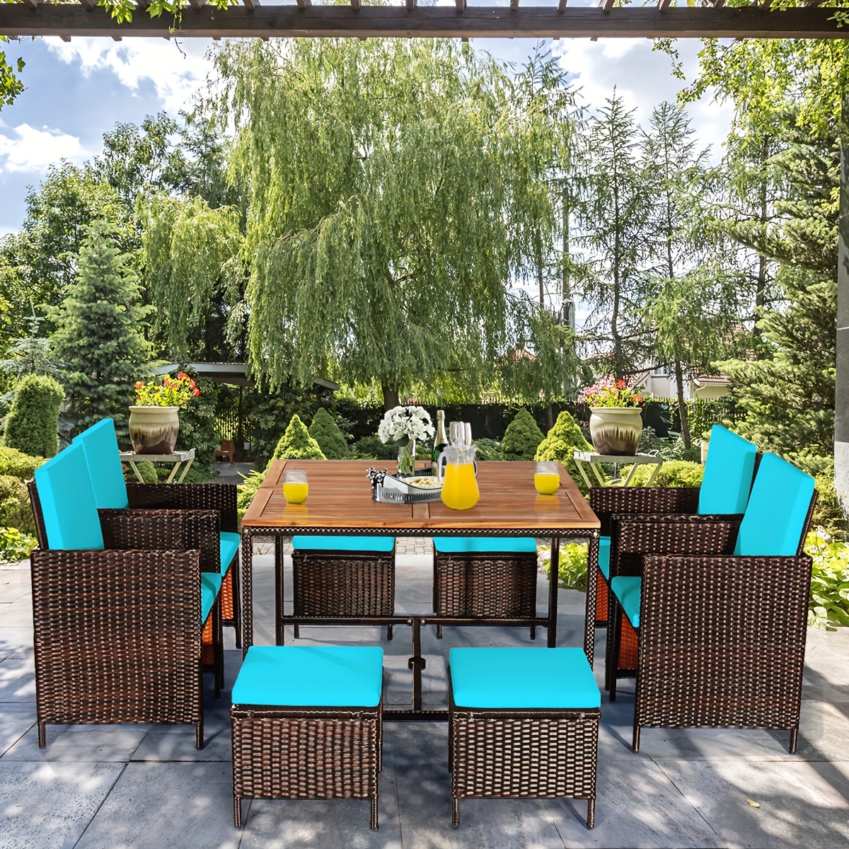 9-Piece Modern Cushioned Rattan Wicker Outdoor Patio Dining Set