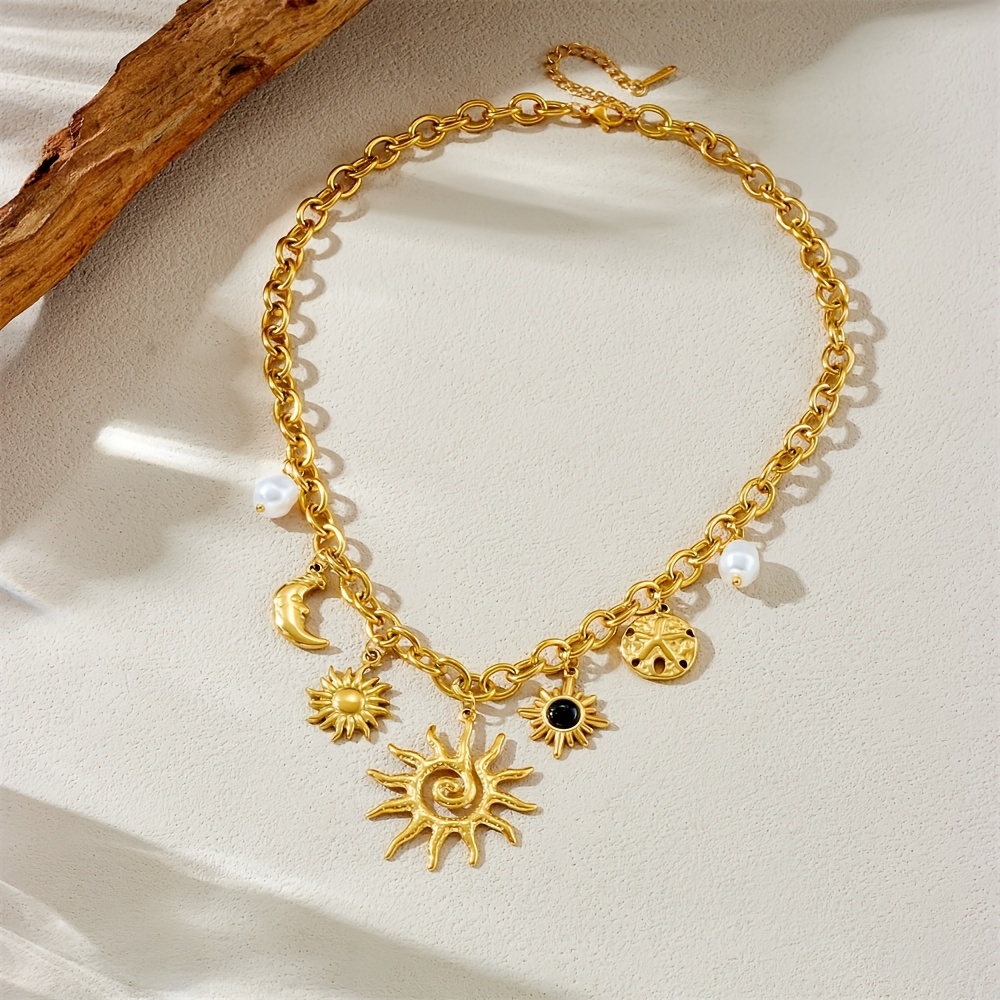 Women's Luxury Sun Moon Gemstone Pendant Necklace