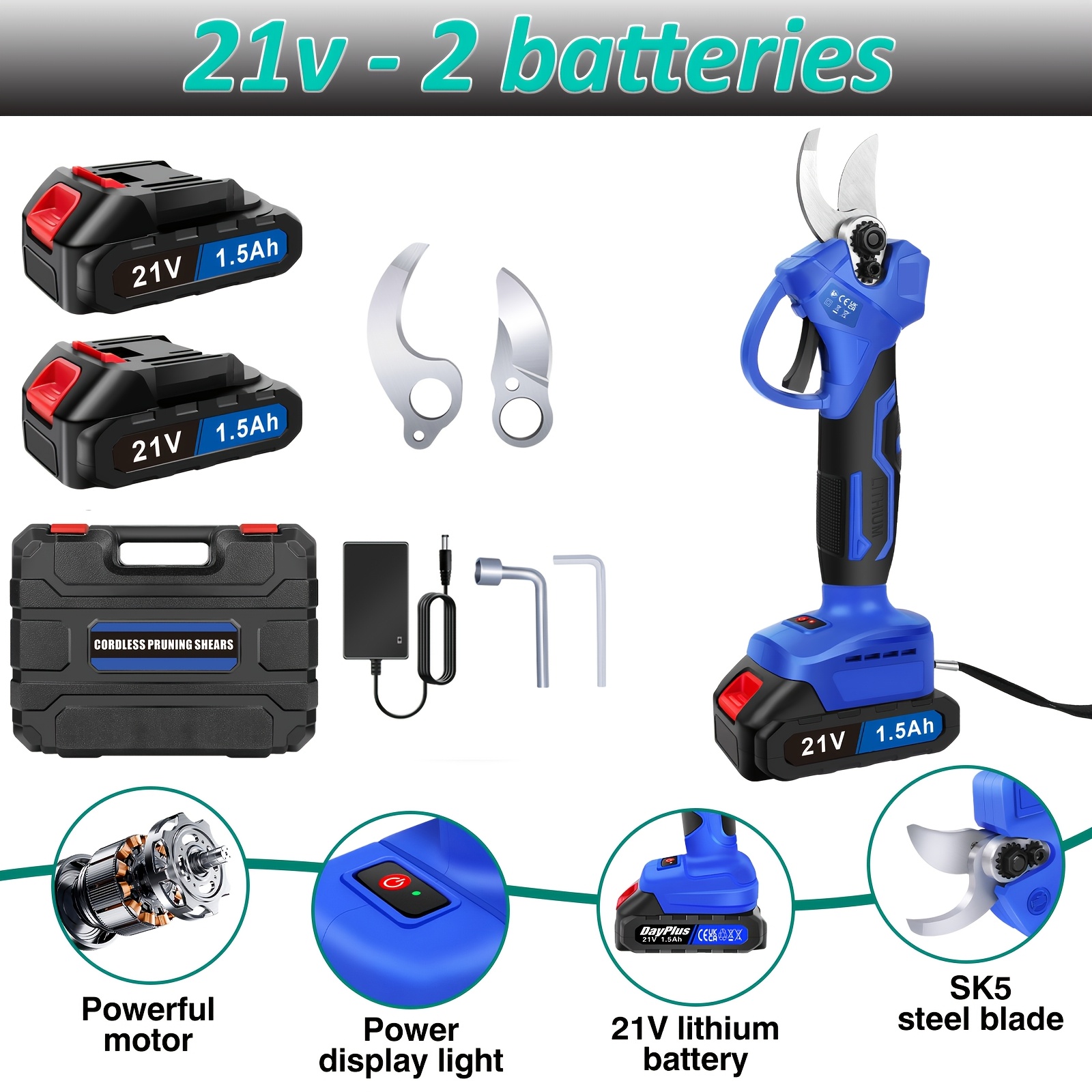 Image of 21v Rechargeable Electric Shears For Gardening - Wireless Lithium Dryer For Cutting Fruit Trees And Branches - Professional Size Tool ()