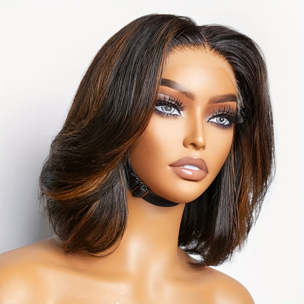 Brazilian Human Hair Bob Wig with 4x4 Lace Closure - 150% Density Body Wave Caramel Brown 30.48 cm Short, Pre-Plucked Baby Hair & Glueless Design, Adjustable Cap for Men & Women, All Ethnicities, Hair Wig