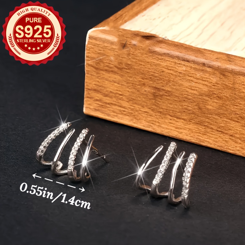 S925 Silver Women's Four Prong Earrings Zirconia for Parties, Low Allergy