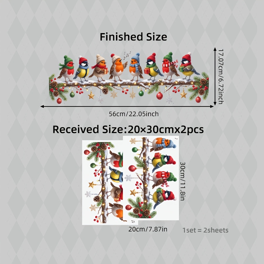 TEMU 2pcs Christmas Bird Window Stickers, Birds With Woven Hats, Scarves, And Gifts, Snowflakes And Tree Branches, Double-sided Static Cling Window
