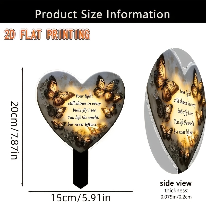 TEMU 2d Flat - 【2d Flat】 2d Flat, Memorial Garden Stake - Heart-shaped 2d Flat Print With And Poetry Design, Durable Acrylic Grave Marker, Suitable