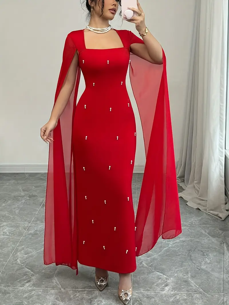 Elegant Women's Fitted Red Chiffon Mermaid Dress with Luxurious Shawl Collar - Stretchy Maxi Gown for Spring/Summer, Machine Washable Party & Daily Wear, Spring Fashion, Sophisticated Silhouette, ... Elegant Women's Fitted Red Chiffon Mermaid Dress with Luxurious Shawl Collar - Stretchy Maxi Gown for Spring/Summer, Machine Washable Party & Daily Wear, Spring Fashion, Sophisticated Silhouette, ...