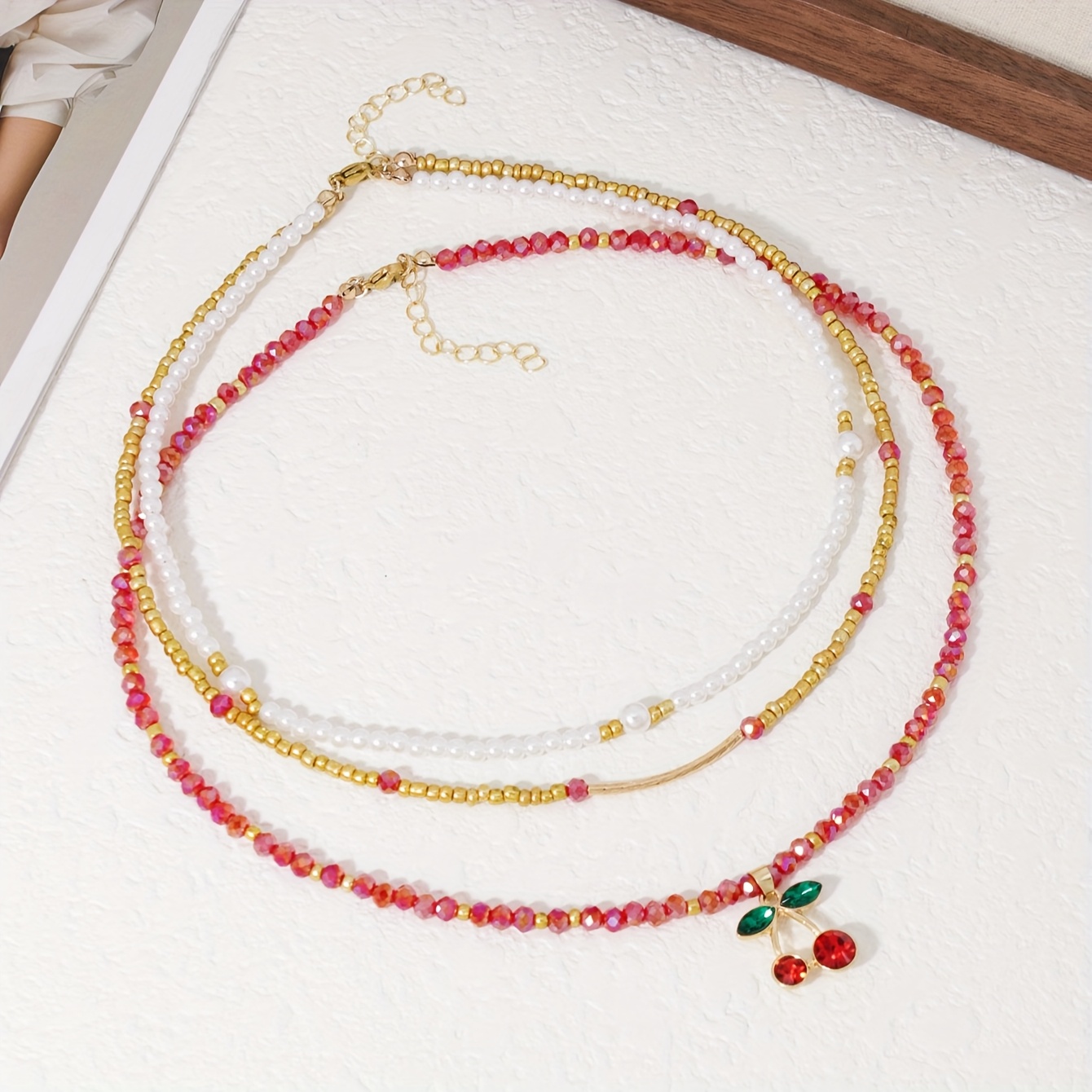 Image of 2pcs Of Women's Fashion Choker Necklaces, Sweet And Cute Candy-colored Artificial Crystal Hand-beaded Cherry Pendant Necklace, Music Festival Jewelry