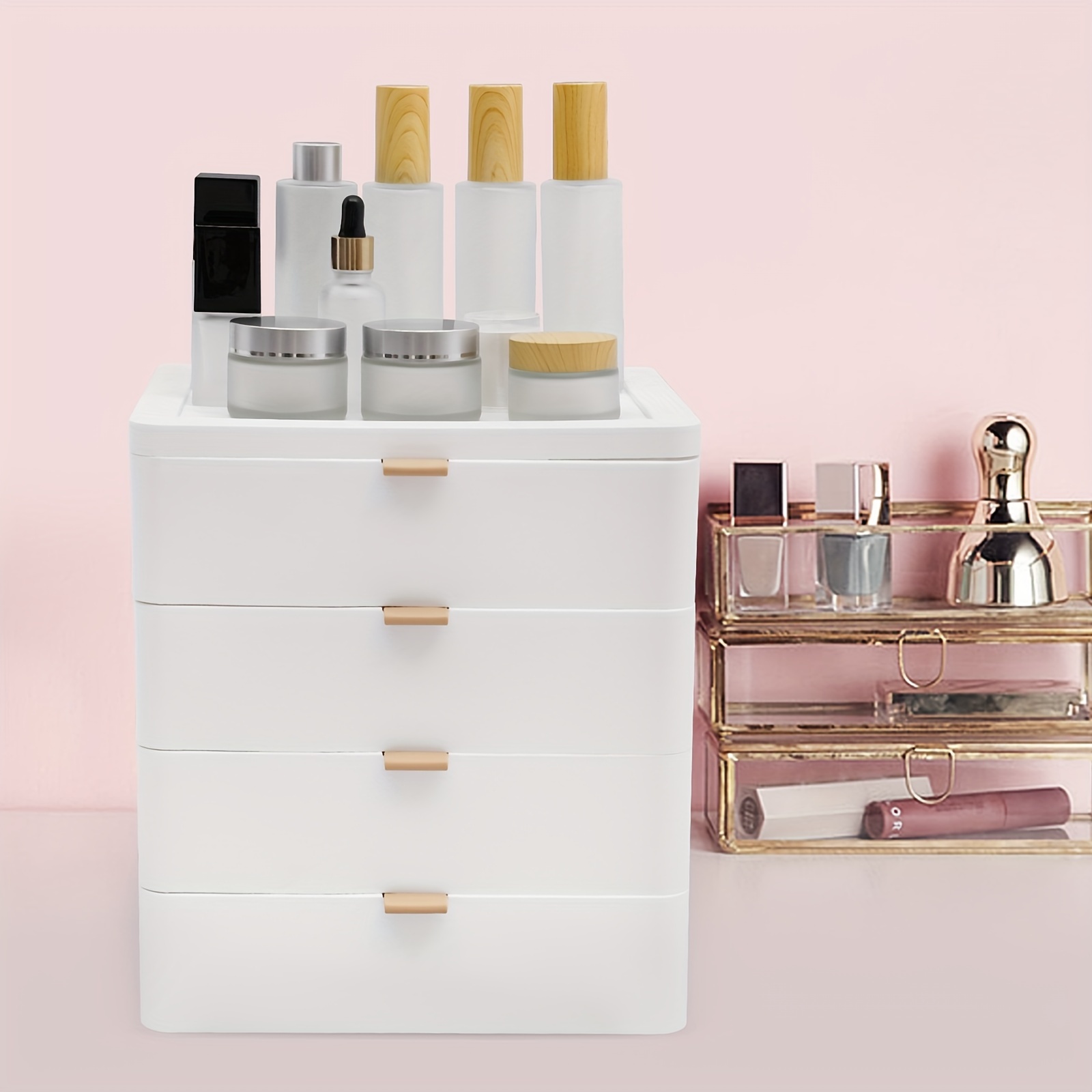 TEMU 4-drawer White Plastic Desktop Organizer With Golden Handles – Stackable, Space-saving Storage For Makeup, Office Supplies, And Jewelry – , Easy-to-, Office Supplies And Accessories