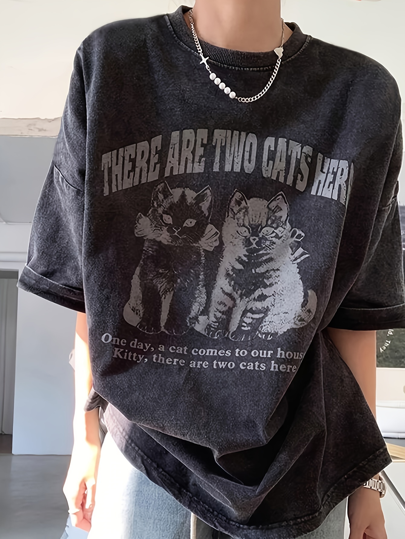 cats print crew neck distressed t shirt casual short sleeve Temu