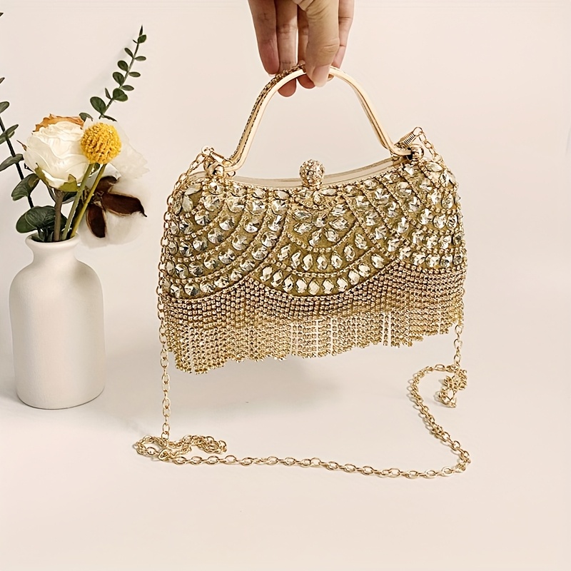Women's Elegant Rhinestone Evening Clutch Bag With Detachable Strap & Closure - Convertible Crossbody/shoulder Handbag Suitable For Weddings, , Parties, -tone & Tassel Box Bag, European Style