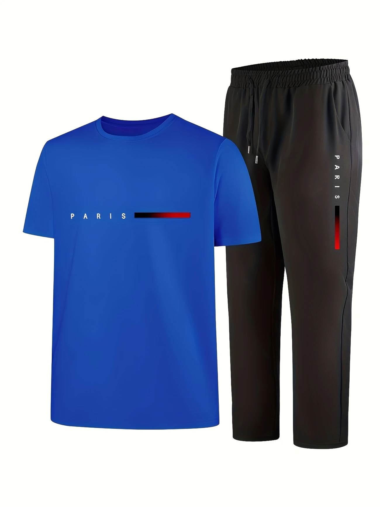 mens casual sports two piece set short sleeve top straight leg pants with paris print fashionable and trendy ideal for summer parties casual and everyday wear short sleeve top print trousers details 5