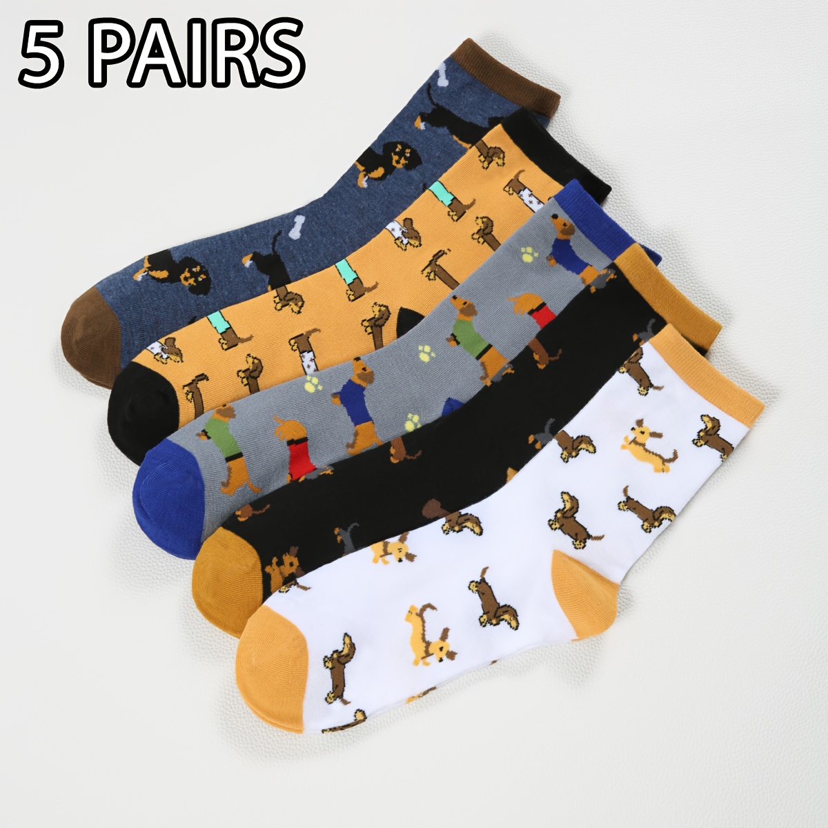 Image of 1/3/5-pair Men's Autumn/winter Fun Cartoon Dachshund Puppy Pattern Color-block Mid-calf Socks Set, Suitable For , Travel, Outdoors, And Gifting, Random Shipping