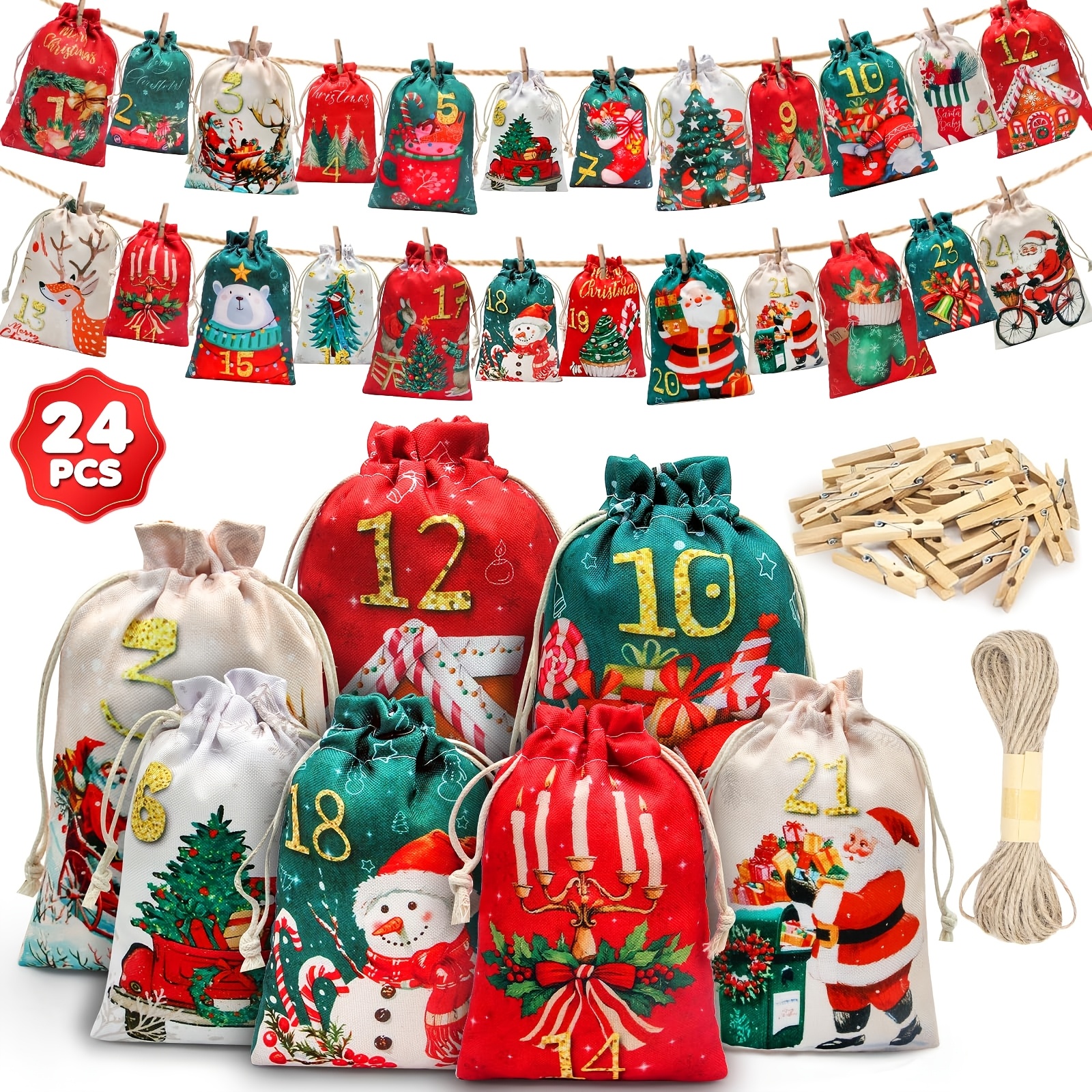 TEMU Includes 24 Christmas Advent Calendar Bags (with Ropes And 24 Clips), Which Filled With Small Gifts, Candies, Toys, Or Surprise Trinkets In Each