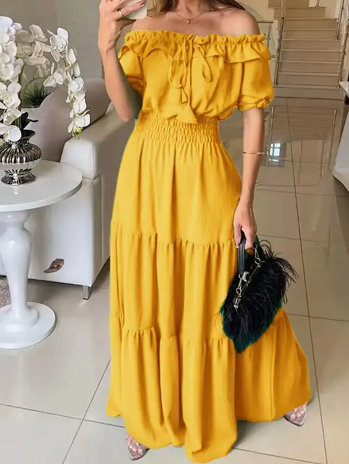 women's elegant off-the-shoulder maxi dress - mustard yellow party & formal attire, flowy a-line formal gown for women, non-stretchy elegant evening outfit, ladies formal dresses, party wear, one shoulder design, no stretch women's elegant off-the-shoulder maxi dress - mustard yellow party & formal attire, flowy a-line formal gown for women, non-stretchy elegant evening outfit, ladies formal dresses, party wear, one shoulder design, no stretch