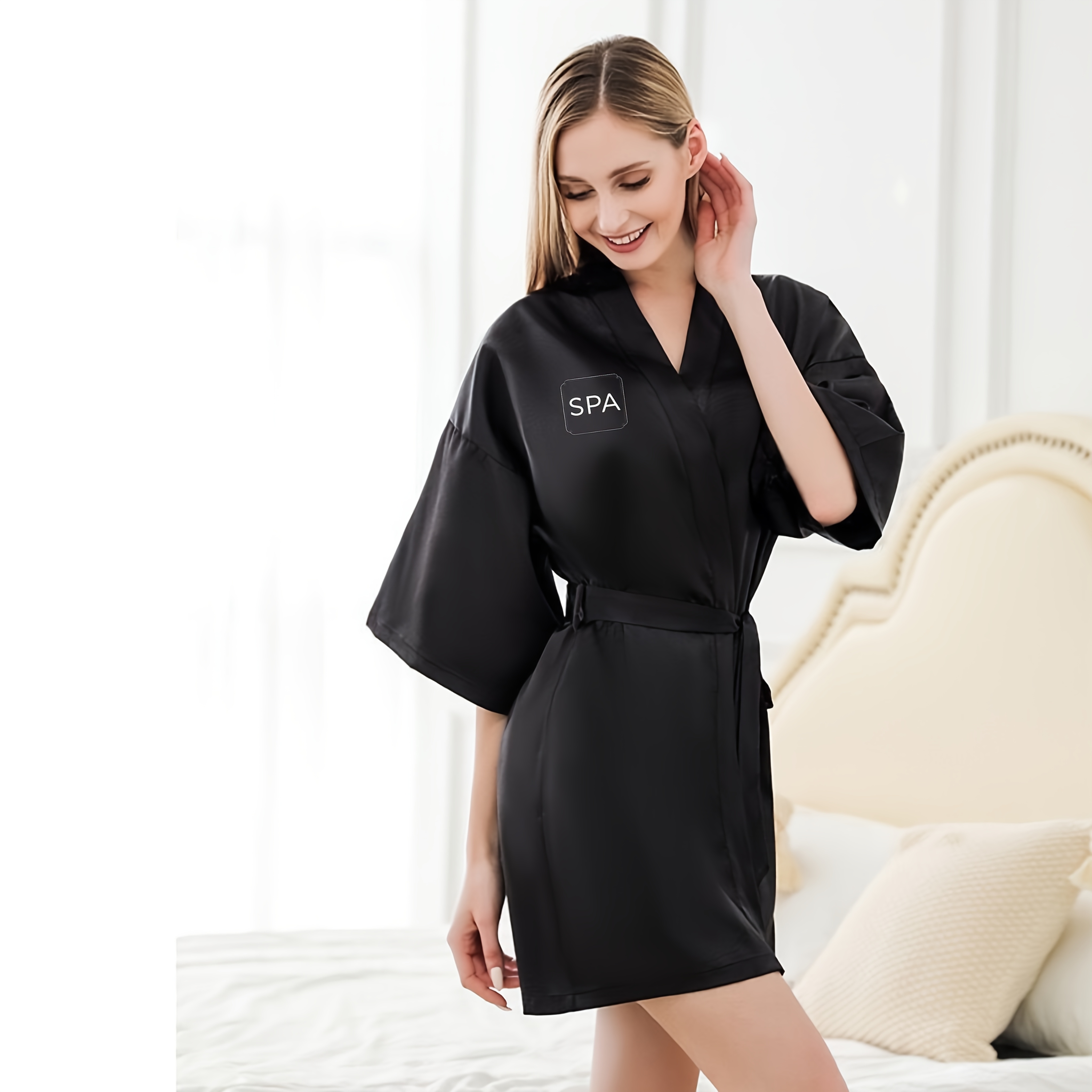 TEMU Spa Salon Gown - Professional Spa Client Robe: Black Blouse With Spa Pattern Print And Adjustable Tie, Made Of Durable Fabric, Suitable For Spa,