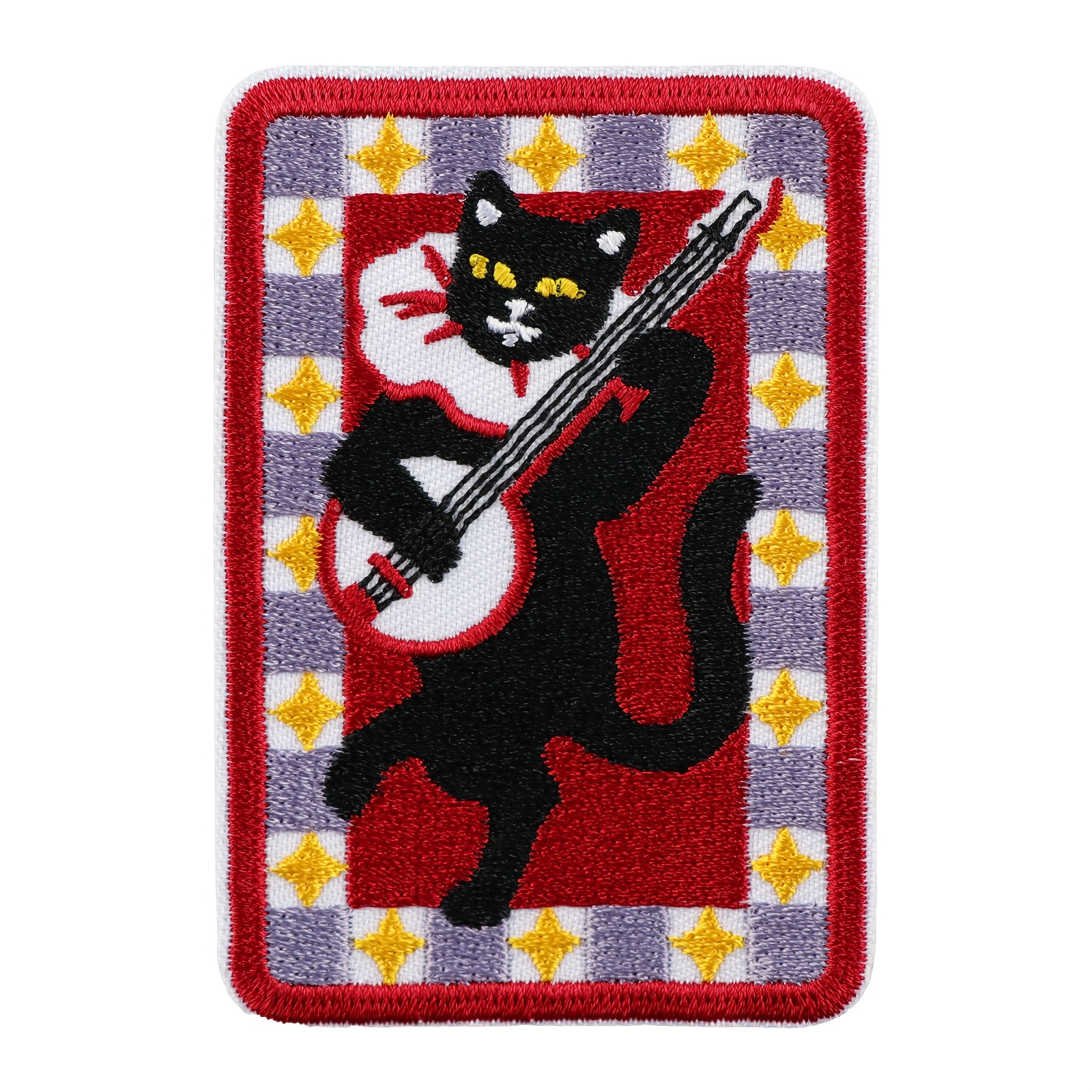 TEMU 1pc Black Cat Embroidery Patch, Ruffle Collar Cat Playing Banjo Star Iron On Patch, Retro Style Sew On Applique For Jacket Backpack Clothing