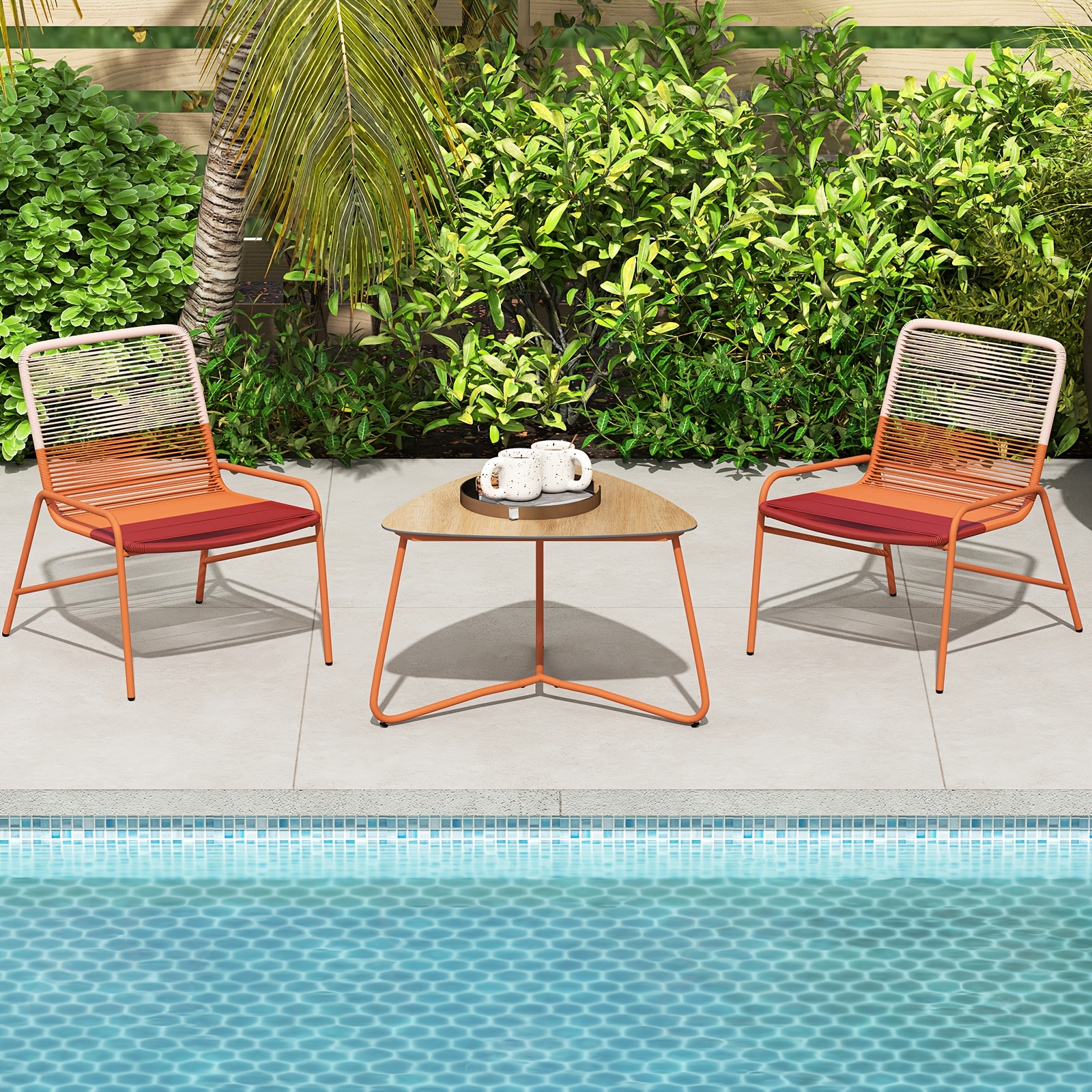 3pcs Set, Outdoor Rattan Furniture Set W/ Gradient Chairs & Wood-plastic Side Table, Modern Small Conversation Furniture For Balcony, Porch, Poolside