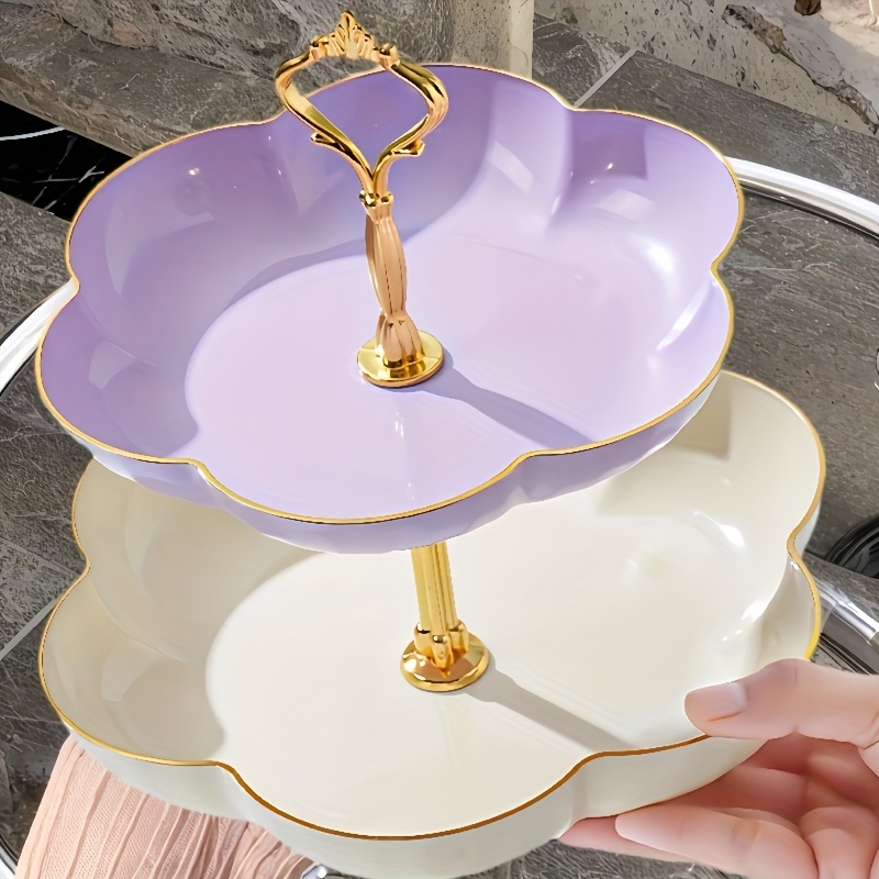   golden   3 2 tier plastic cake stand durable floral   for stylish dessert display   decorative service wedding cake decoration   party dessert rack ornament storage and food presentation