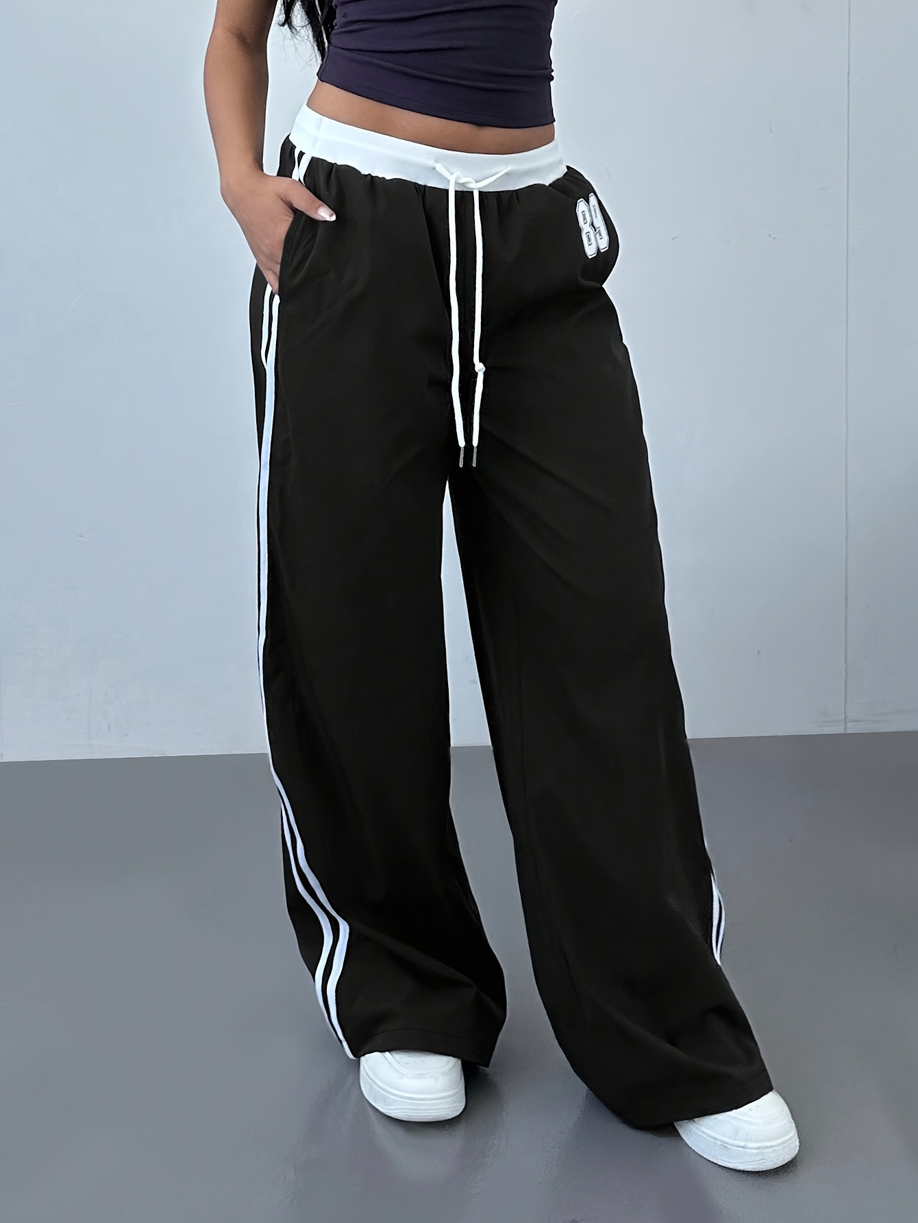 Drawstring Pants Black White Track Pants Womens Black Striped