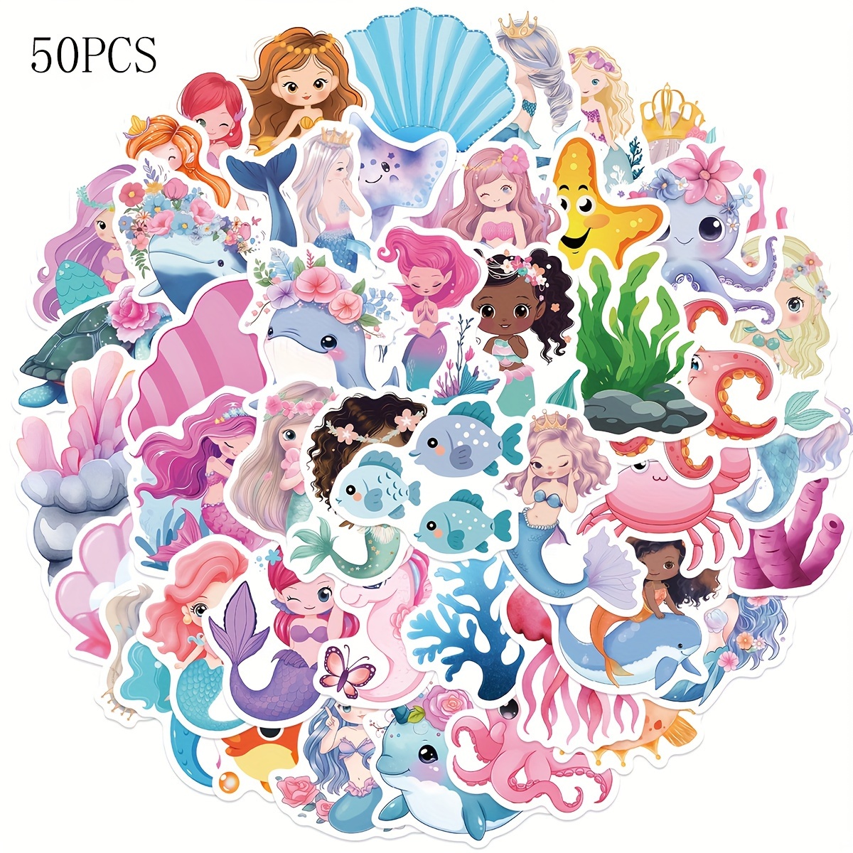 Image of 50pcs Mermaid Stickers Vinyl Aesthetics Stickers , Journaling, Laptop, Bumper, Skateboard, Water Bottles, Computer, Phone, Cartoon, Hard Hat, Car Stickers And Decals