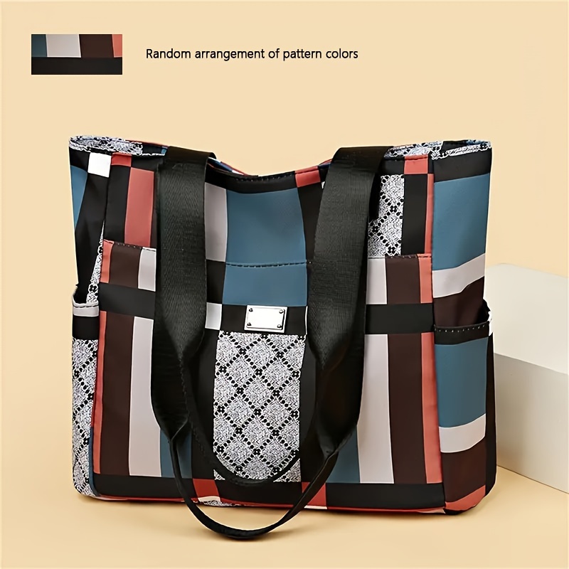TEMU Chic Geometric Large Tote Bag - Spacious & Lightweight With Zipper Closure, Pu Material, Use