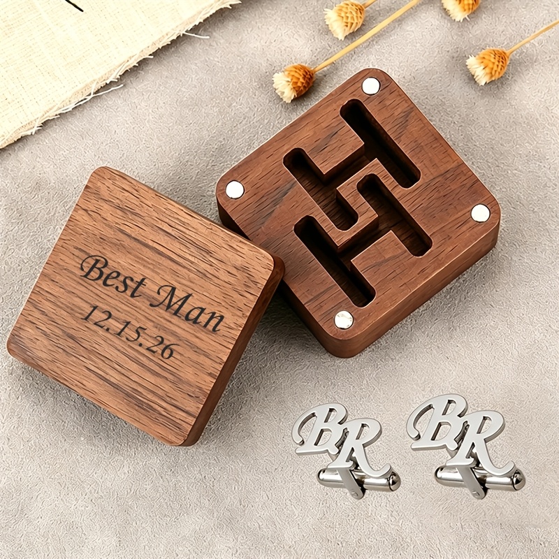 TEMU Custom Letter Cufflinks Stainless Steel Jewelry Men's Personalized Letter Cufflinks Wooden Gift Box Wedding Gift Cufflinks For Best Man Gift