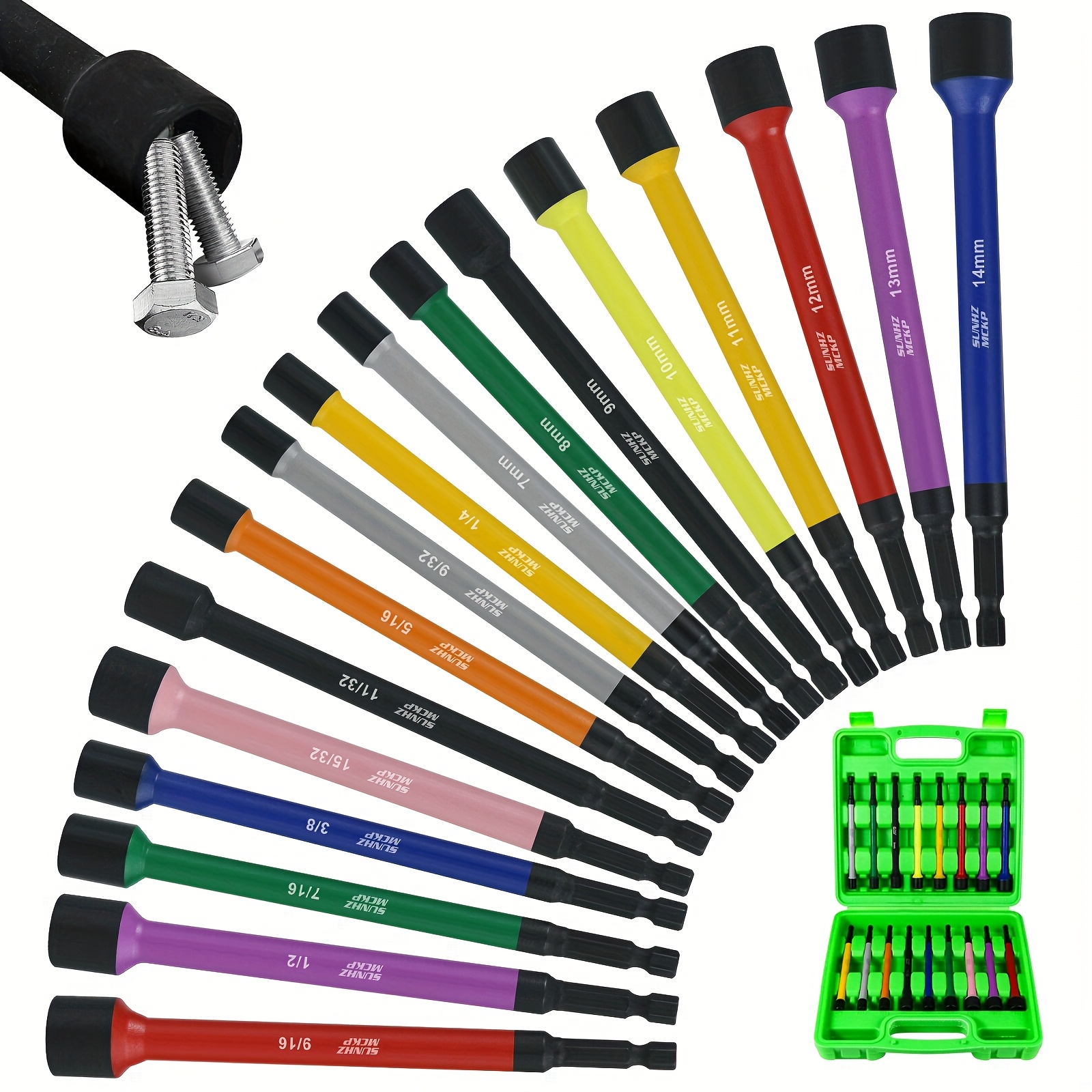 TEMU Magnetic Nut Driver Set, 6 Inch Long Nut Driver Set For Impact Drill, Sae And Metric, 1/4 Inch Hex Shank, Steel, 17pcs Multicolor, Tool Sets For