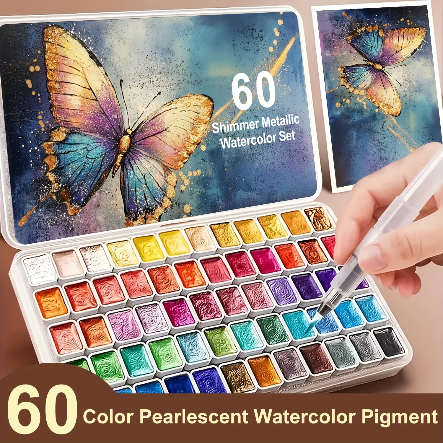 

60-color Shimmer Metallic Watercolor Set, Wooden Palette With Glitter Pigments, Mini Forestry Shifting Paints For ,